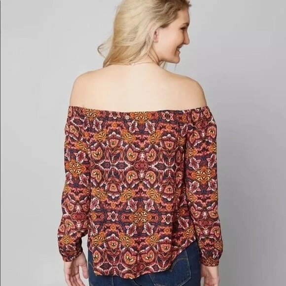 Billabong Mi Amore Off The Shoulder Tribal Printed Crinkle Top Size Small - Picture 2 of 9